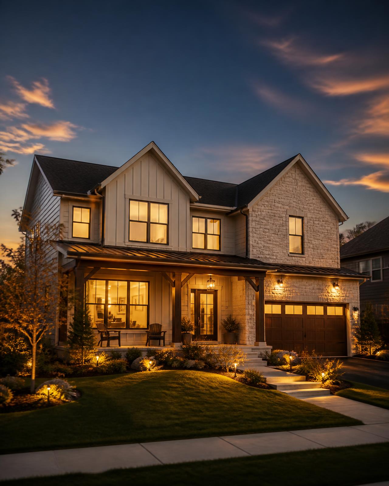Warmly lit family home at dusk